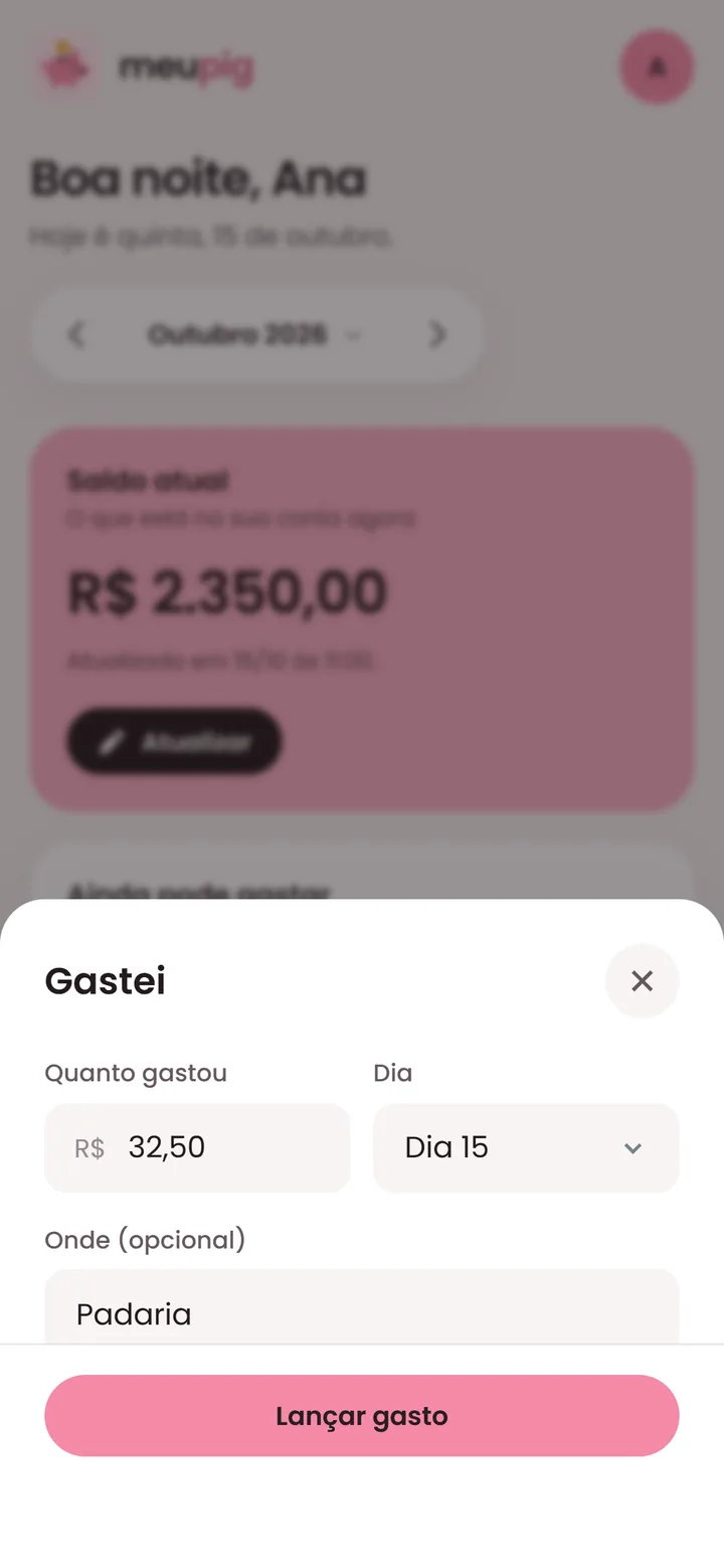 Tela Gastei no celular: valor de R$ 32,50, dia 15 e o lugar Padaria, com o botão Lançar gasto.